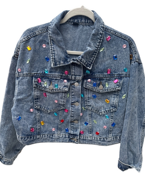 Cropped Acid Wash Denim Jacket with Multicolor Sequin Rhinestones Size 1 XL NWOT
